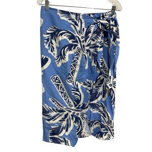 H&M Blue White Palm Leaf Print Wrap Skirt Linen Blend Womens Size Medium